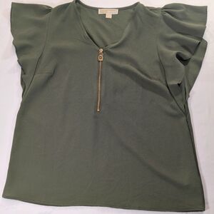 Michael Michael Kors Olive Green Ruffle/Flutter Sleeve Gold Zip Top Size Medium